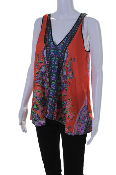 Clover Canyon Womens V Neck Paisley Print Sleeveless Blouse Orange Size S