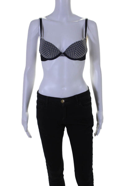 Stella McCartney Womens Padded Diamond Print Mesh Demi Bra Blue White Size 32A