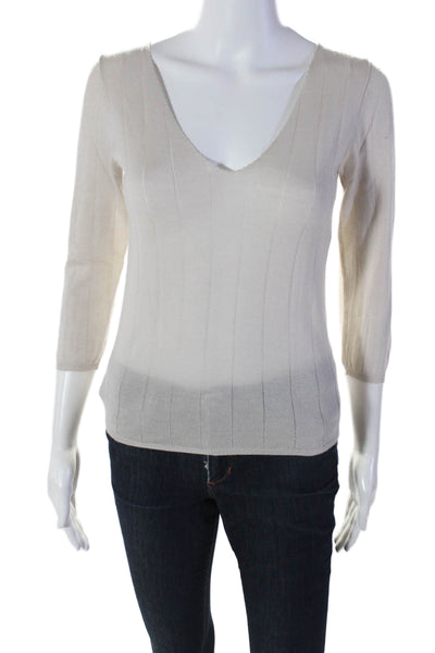 Prada Womens V-neck Thin Knit Ribbed Long Sleeve Basic Casual Top Cream Size EUR