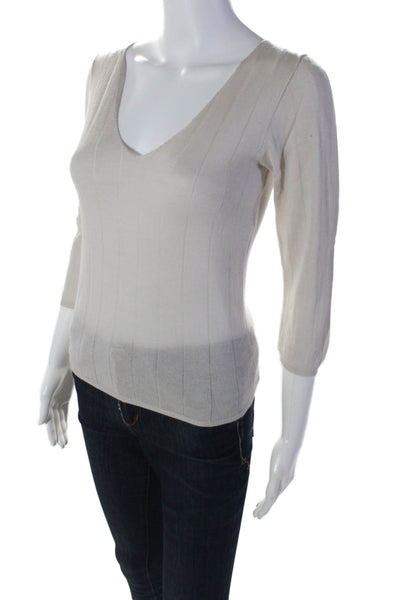 Prada Womens V-neck Thin Knit Ribbed Long Sleeve Basic Casual Top Cream Size EUR