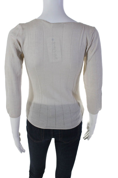 Prada Womens V-neck Thin Knit Ribbed Long Sleeve Basic Casual Top Cream Size EUR