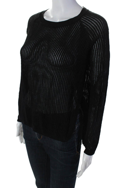 Central Park West Womens Round Neck Long Sleeve Sheer Lined Rib Top Black Size X