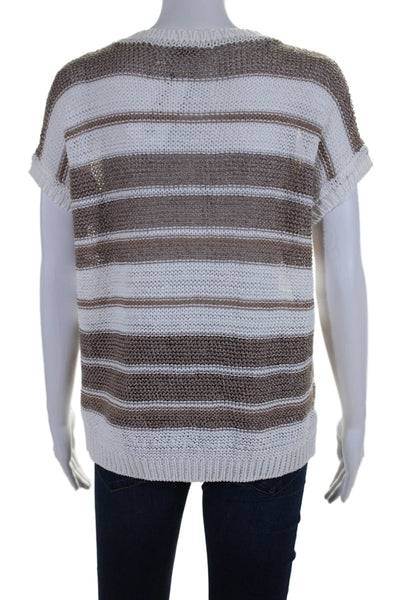 Peserico Womens Linen Blend Striped Short Sleeve Pullover Knit Top Brown Size 38