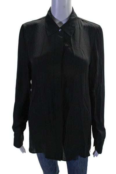 Vince Womens Silk Button Up Long Sleeve Collar Blouse Top Black Size 8