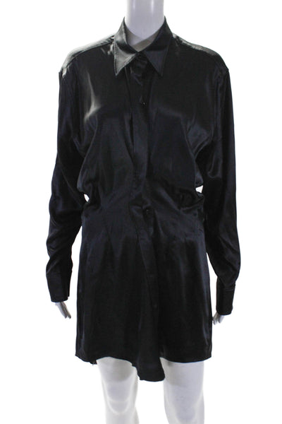 Brandon Maxwell Womens Button Front Long Sleeve Silk Shirt Dress Black Size 10