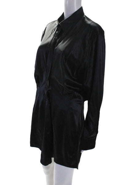 Brandon Maxwell Womens Button Front Long Sleeve Silk Shirt Dress Black Size 10