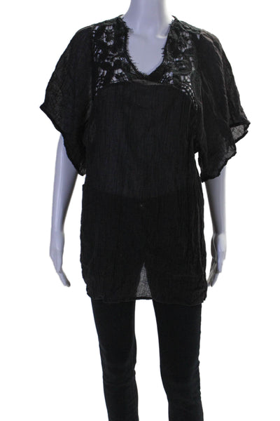 Eberjey Womens Crochet V Neck Short Sleeves Blouse Black Cotton Size Small