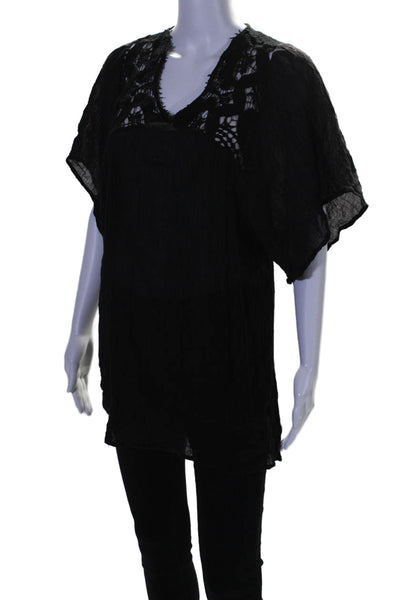 Eberjey Womens Crochet V Neck Short Sleeves Blouse Black Cotton Size Small