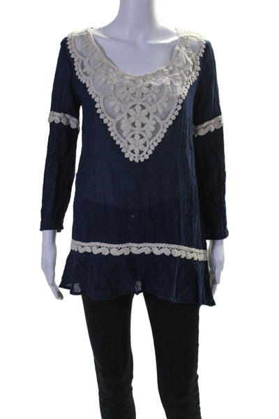 Eberjey Womens Embroidered Long Sleeves Blouse Navy Blue Cotton Size Small