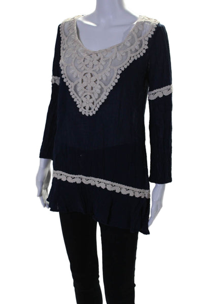 Eberjey Womens Embroidered Long Sleeves Blouse Navy Blue Cotton Size Small