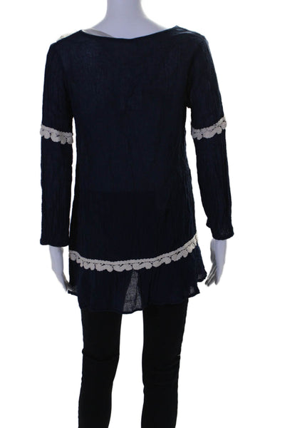 Eberjey Womens Embroidered Long Sleeves Blouse Navy Blue Cotton Size Small