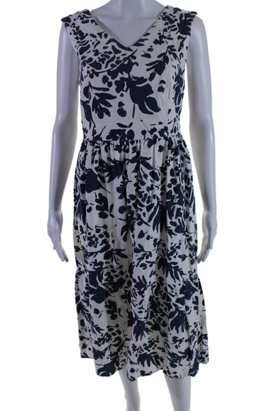 Magaschoni Womens Linen Printed V Neck A Line Dress White Navy Blue Size 6