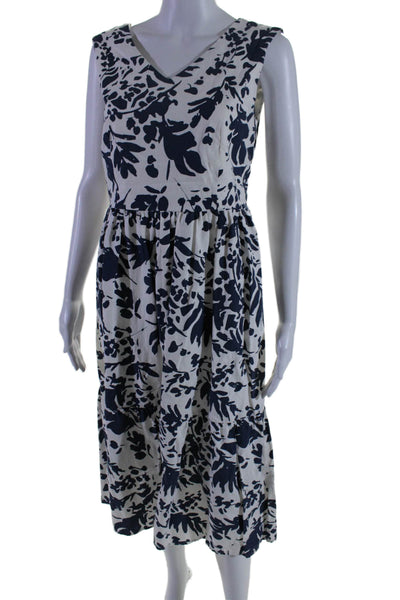 Magaschoni Womens Linen Printed V Neck A Line Dress White Navy Blue Size 6