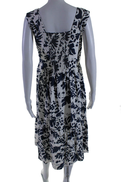 Magaschoni Womens Linen Printed V Neck A Line Dress White Navy Blue Size 6