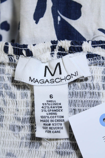 Magaschoni Womens Linen Printed V Neck A Line Dress White Navy Blue Size 6