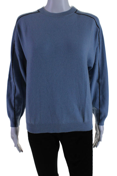 Brunello Cucinelli Womens Wool Cashmere Blend Blue Crew Neck Sweater Top SizeXXS