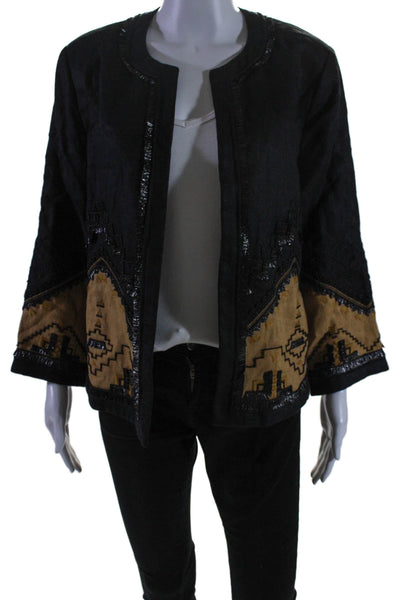 Kobi Halperin Womens Linen Open Front Beaded Jacket Black Beige Size L