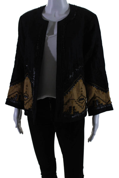 Kobi Halperin Womens Linen Open Front Beaded Jacket Black Beige Size L