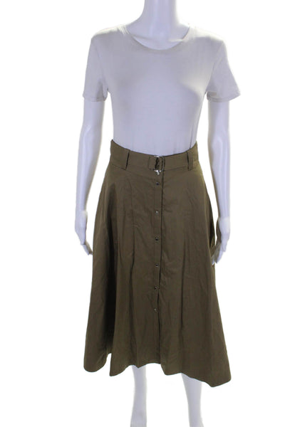 Gerard Darel Women's Button Down Belted Flare Midi Skirt Olive Green Size 6