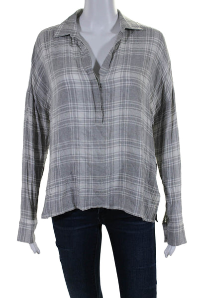 Standard James Perse Womens Plaid Collared Buttoned Long Sleeve Top Gray Size 1