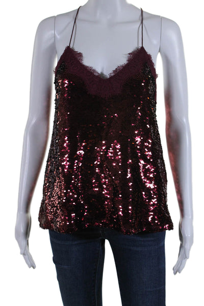 Cami NYC Womens Metallic Sequined Floral Lace Trimmed Tank Blouse Red Size M