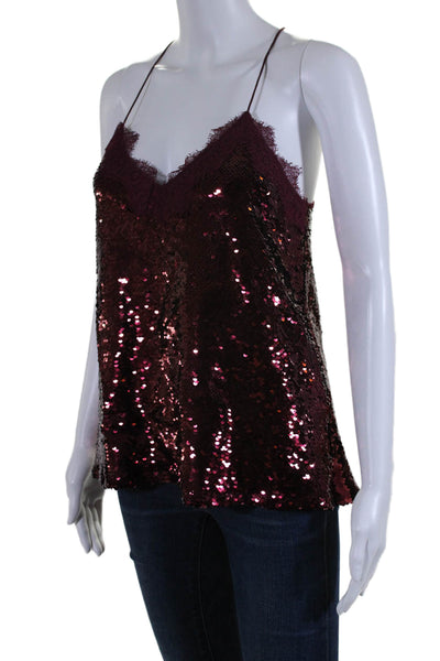 Cami NYC Womens Metallic Sequined Floral Lace Trimmed Tank Blouse Red Size M