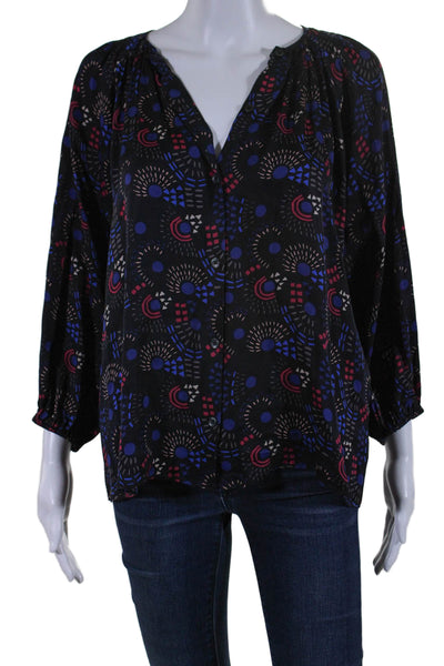 Tucker Womens Silk Geometric Print Button-Up Bishop Sleeve Blouse Black Size XS