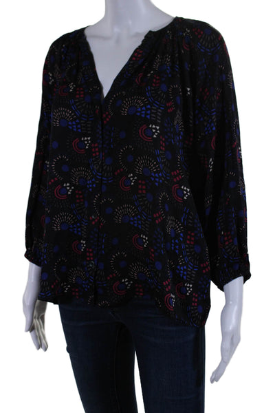 Tucker Womens Silk Geometric Print Button-Up Bishop Sleeve Blouse Black Size XS