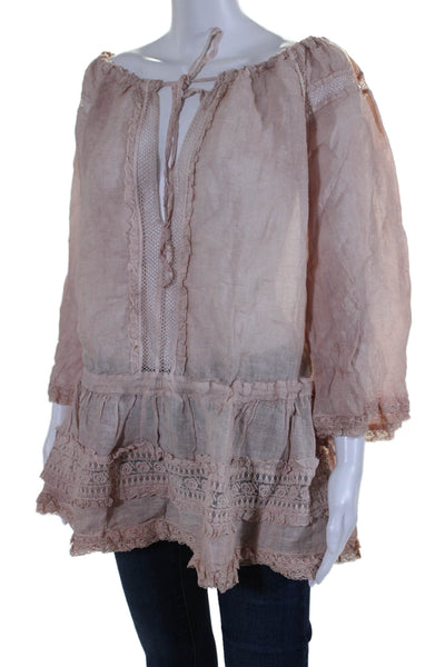 Sunday Tropez Womens 3/4 Sleeve Lace Trim Keyhole Top Pink Linen One Size