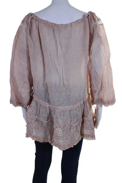 Sunday Tropez Womens 3/4 Sleeve Lace Trim Keyhole Top Pink Linen One Size