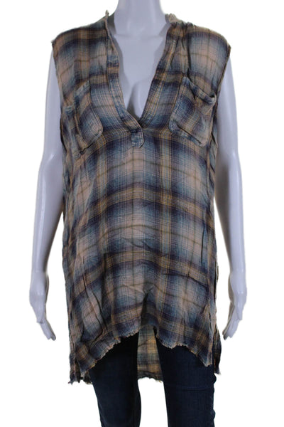 Tru Blu Womens Sleeveless V Neck Side Slit Plaid Blouse Brown Multi Size Small