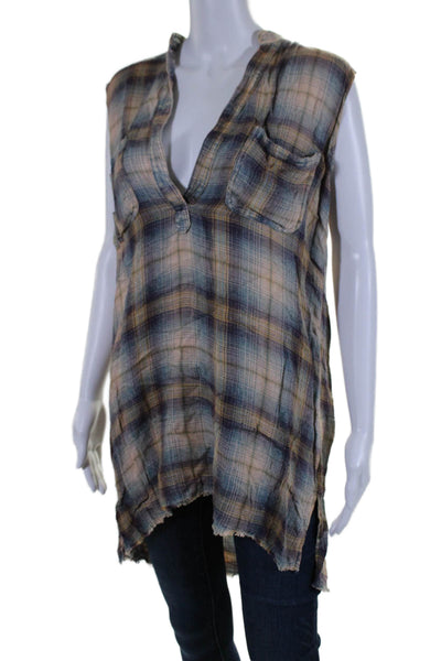 Tru Blu Womens Sleeveless V Neck Side Slit Plaid Blouse Brown Multi Size Small