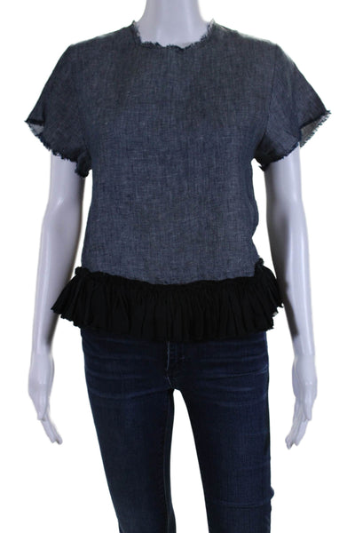 Hache Womens Short Sleeve Crew Neck Fringe Ruffled Linen Top Blue Size IT 40