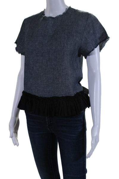 Hache Womens Short Sleeve Crew Neck Fringe Ruffled Linen Top Blue Size IT 40