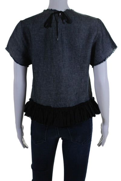 Hache Womens Short Sleeve Crew Neck Fringe Ruffled Linen Top Blue Size IT 40