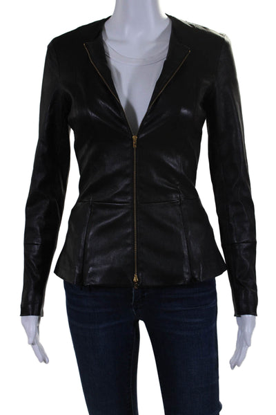 The Row Womens Long Sleeve Front Zip Crew Neck Leather Jacket Black Size 4