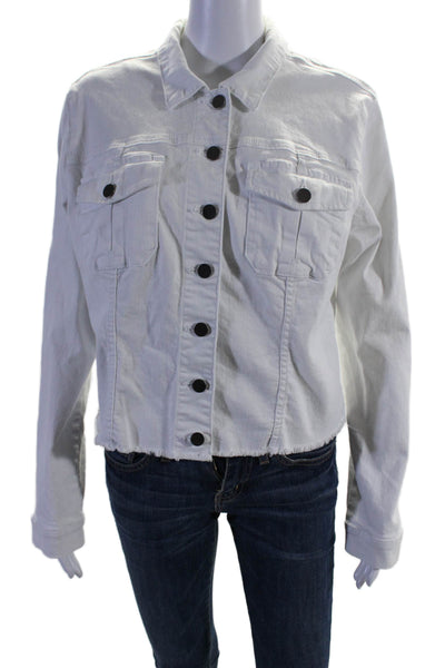 KUT from the Kloth Womens Cotton Raw Hem Button Down Denim Jacket White Size XL