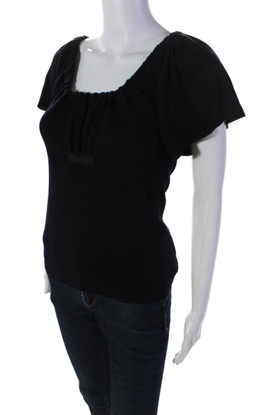 Prada Womens Black Wool Knit Off Shoulder Short Sleeve Blouse Top Size 42