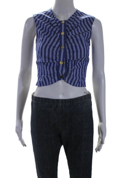 Derek Lam 10 Crosby Womens Cotton Striped Sleeveless Gathered Blouse Blue Size 0