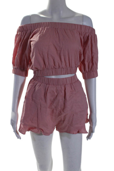 Mink Pink Womens Linen 2 Piece Off Shoulder Top Shorts Set Pink Size XS