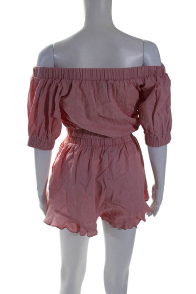 Mink Pink Womens Linen 2 Piece Off Shoulder Top Shorts Set Pink Size XS