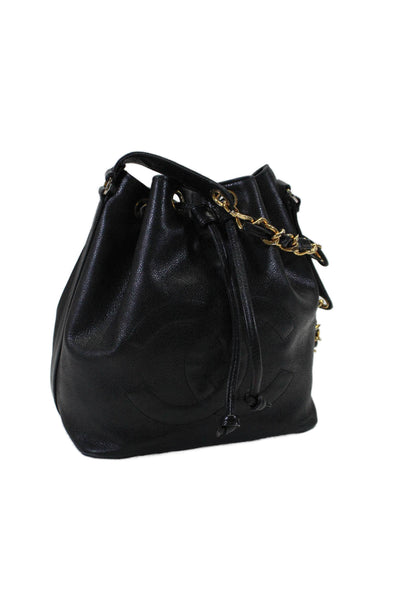 Chanel Womens Black Leather CC Drawstring Tie Bucket Bag Handbag