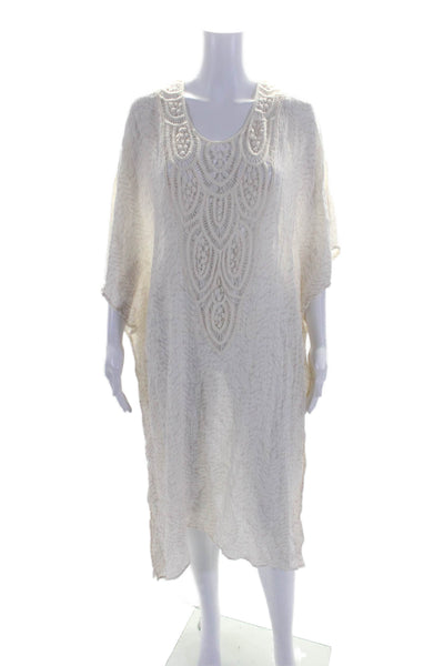 Eberjey Womens Printed Crochet Kaftan Dress White Pink Cotton Size Small