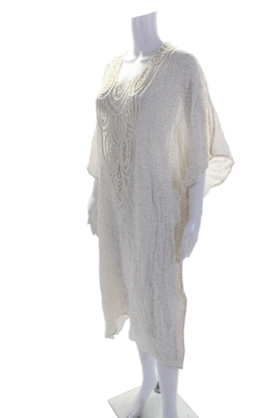 Eberjey Womens Printed Crochet Kaftan Dress White Pink Cotton Size Small