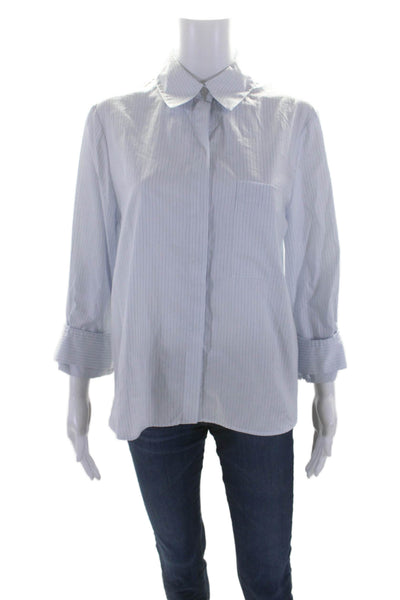 TWP Womens Cotton Light Blue Striped Collar Long Sleeve Button Down Shirt Size S