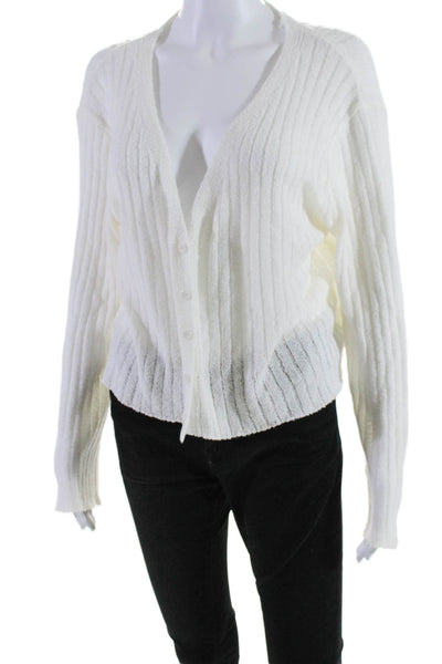 Lumiere Womens Textured Knit Open Front Buttons Crop Cardigan White Size L