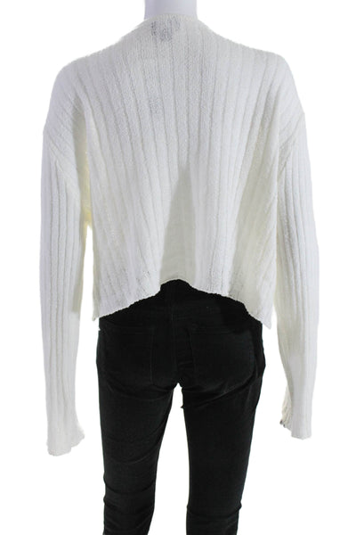 Lumiere Womens Textured Knit Open Front Buttons Crop Cardigan White Size L