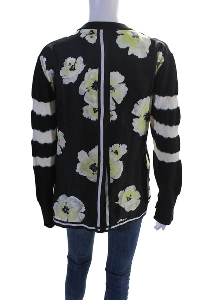 Prabal Gurung Womesn Wool Silk Combo Striped Floral Long Sleeve Top Black Size S