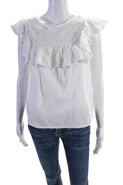 Unsubscribed Womens Button Fornt Lace Ruffled Cap Sleeve Top White Cotton Size 2