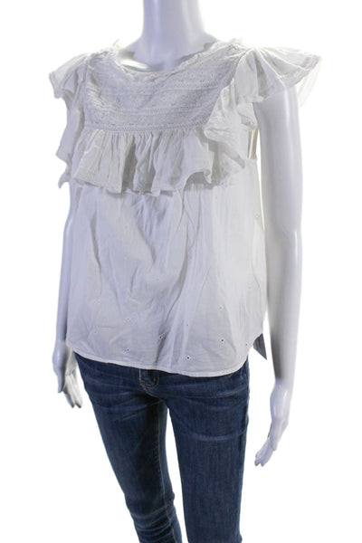 Unsubscribed Womens Button Fornt Lace Ruffled Cap Sleeve Top White Cotton Size 2